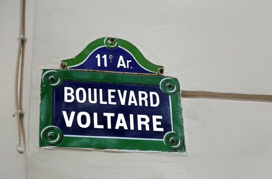 road sign with written Boulevard Voltaire in Paris