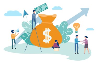 The girl and the man make a deal by contract handshake. Money is added by new investors interested in fresh ideas. Sponsoring projects and crowdfunding. Vector colorful modern illustration