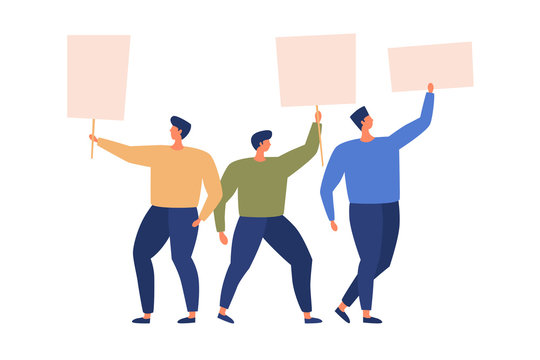 Group of activists are holding signs and postersin their hands. Demonstration of people protest. Men standing together with empty banners on strike. Vector flat illustration.