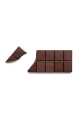 Broken dark chocolate bar isolated on white table. Vertical composition. Top view