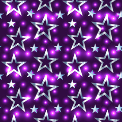 Obraz premium Seamless christmas pattern with various silver stars and shining glitters on dark purple pink background. Luxury silver gradien design for wrapping paper, prints, scrapbooking, Vector eps10 backdrop
