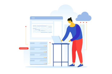 Cartoon web engineer at work. Web developer is working on laptop. Concept of programming. Process of creating web pages. Vector flat illustration.