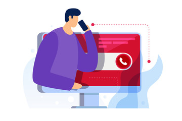 Cartoon young man is calling on mobile phone. Concept of online technical support for web page. Virtual Help Service. Call customer to the operator. Internet Assistant. Vector flat illustration.