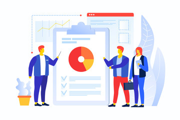 Cartoon people in the team are looking at the pie chart. The young man speaks with his colleagues. Workflow management and data analysis. Vocational training and education. Vector illustration.