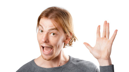 Male portrait of a fair-haired man of European appearance, on a white background. Emotions. Nerd...