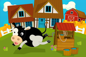 cartoon rural scene with farm animal - illustration for children