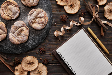 notebook, muffins on black plate