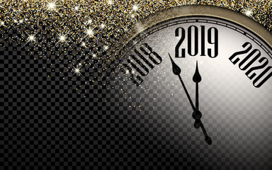 Fototapeta na wymiar Golden shiny Happy New Year 2019 poster with blurred clock on transparent backdrop.