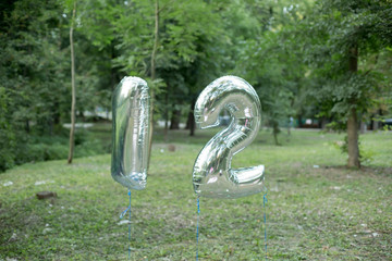 inflatable balloon figure one and two. one and two. silver ball. balloon. balls twelve