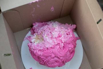 children's holiday. ruined cake. pink cake. cake for children's birthday