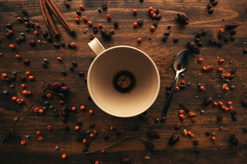 Empty coffee cup on table, top view