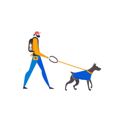 Vector illustration. Сartoon style icons of dobermann and personal dog-walker. Cute boy with pet outdoors.
