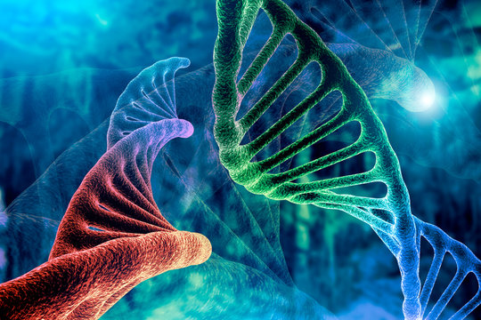 DNA strand and Cancer Cell Oncology Research Concept 3D rendering, abstract background, mixing of two structures,