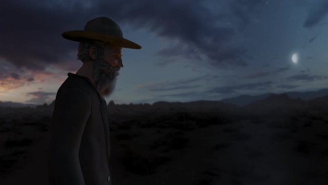 Western Campfire - A computer generated man from the 1800's stands over a campfire in the American west.