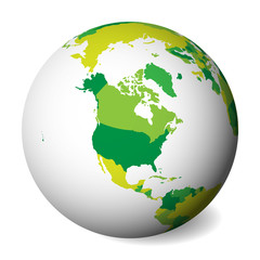 Blank political map of North America. 3D Earth globe with green map. Vector illustration.