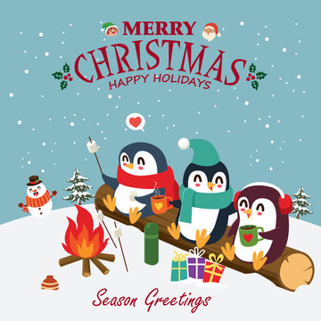 Vintage Christmas poster design with vector penguin, snowman, Santa Claus, elf characters.