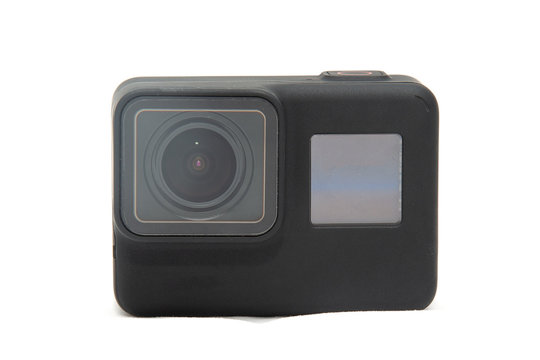 Black new action camera. Isolated on a white background.