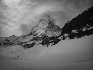 Dramatic black and white picture of Matterhorn mountain.