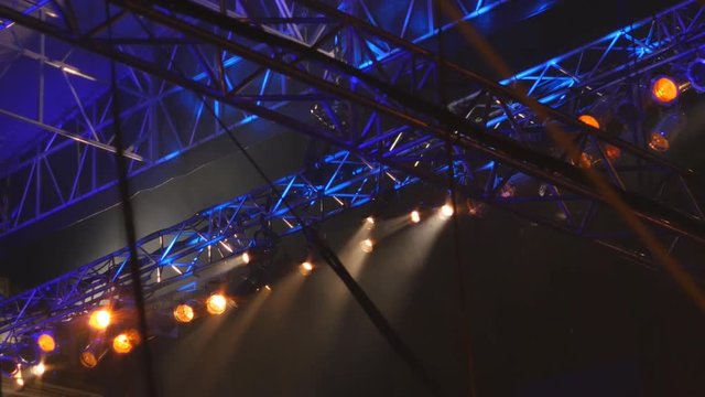 Spotlights and scaffolding at outdoor musical concert. Ville de Quebec, Quebec, Canada.