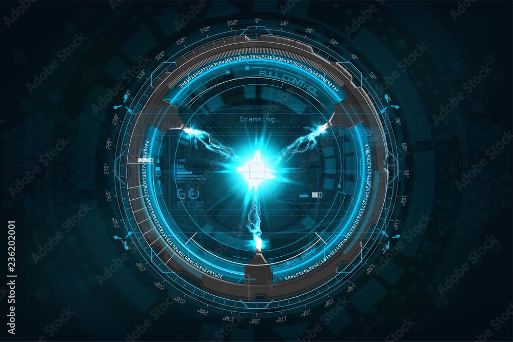 Poster Lightning bolt with technology concept vector. Futuristic mechanisms with Lightning bolt in HUD style. Vector illustration