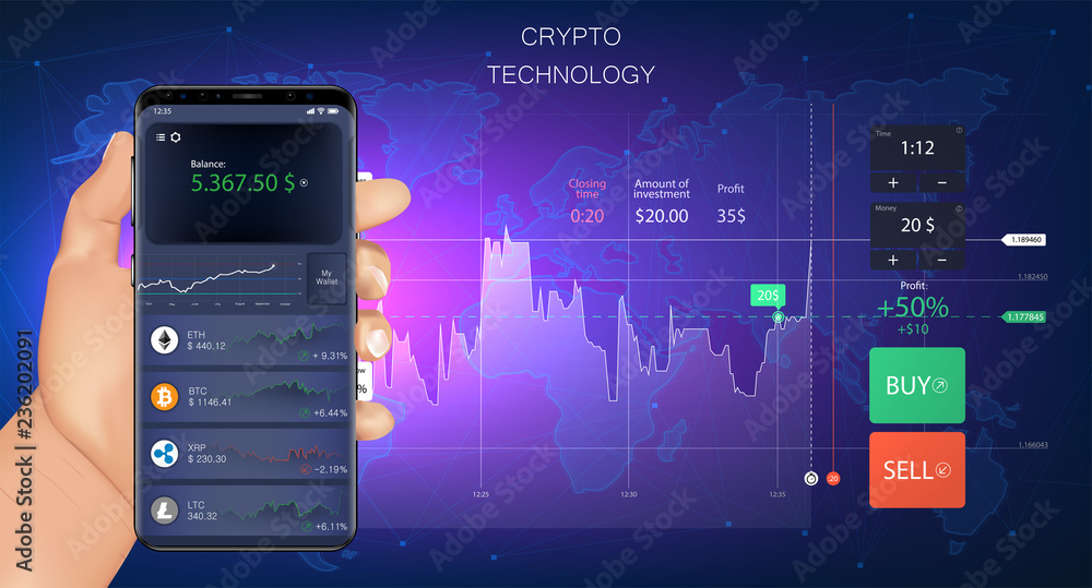 Poster  Crypto online commerce. Forex Banner. Mining bitcoin technology on autonomic computing program and trade platform. Trading design in awesome really style.