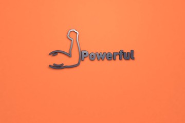 Text Powerful with violet 3D illustration and orange background