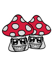 2 freunde team paar nerd hornbrille geek gesicht lustig schlau intelligent freak pilz fliegenpilz rot punkte essen giftig lecker hunger drogen trip wald sammeln kochen clipart design comic cartoon