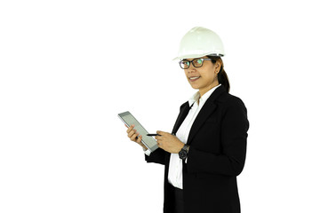 Asian engineer woman in white helmet using tablet, isolated on white.