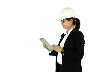 Asian engineer woman in white helmet using tablet, isolated on w