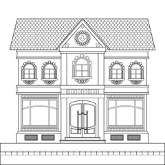 A drawing of a classic brick two-story building with shop windows for shops on the ground floor and windows with stucco decoration.