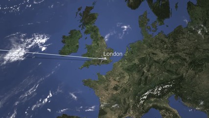 Airplane arrives at London, United Kingdom from west. Intro 3D animation