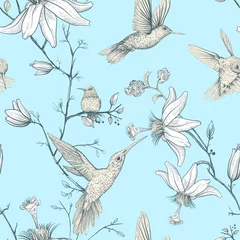 Badkamer foto achterwand Vector sketch pattern with birds and flowers. Monochrome flower design for web, wrapping paper, phone cover, textile, fabric, postcard © sunny_lion