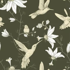 Foto auf Acrylglas Vektorskizzenmuster mit Vögeln und Blumen. Einfarbiges Blumendesign für Web, Geschenkpapier, Telefonabdeckung, Textil, Stoff, Postkarte © sunny_lion