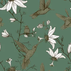 Poster Vectorschetspatroon met vogels en bloemen. Monochroom bloemontwerp voor web, inpakpapier, telefoonhoes, textiel, stof, ansichtkaart © sunny_lion