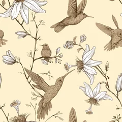 Wandcirkels tuinposter Vector sketch pattern with birds and flowers. Monochrome flower design for web, wrapping paper, phone cover, textile, fabric, postcard © sunny_lion