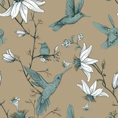Foto op Plexiglas Vector sketch pattern with birds and flowers. Monochrome flower design for web, wrapping paper, phone cover, textile, fabric, postcard © sunny_lion