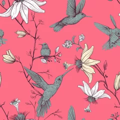 Foto op Aluminium Vector sketch pattern with birds and flowers. Monochrome flower design for web, wrapping paper, phone cover, textile, fabric, postcard © sunny_lion