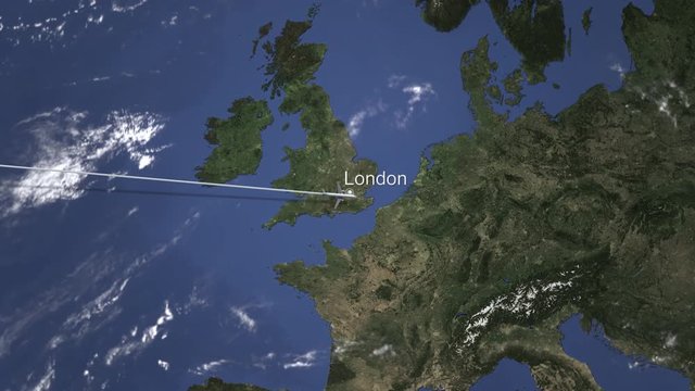 Airplane arrives at London, United Kingdom from west. Intro 3D animation
