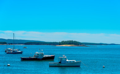 Maine Lobster Boats Moored Offshore at Deer Isle Harbor