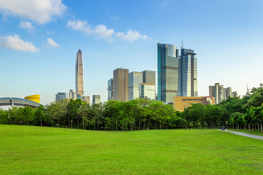 Shenzhen Futian District downtown city buildings and lawns