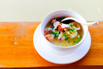 mush seafood Boiled rice seafood delicious breakfast Thailand food Thai style breakfast, Selective focus