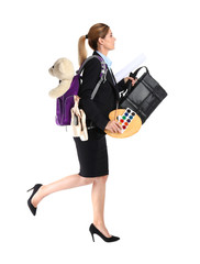 Businesswoman with lots of things running on white background. Combining life and work