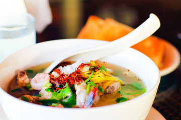 mush seafood Boiled rice seafood delicious breakfast Thailand food Thai style breakfast, Selective...