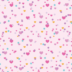 Colorful confetti hearts seamless repeat pattern. Great for Valentines Day or wedding invitations, cards, backgrounds, gifts, packaging design projects. Surface pattern design.