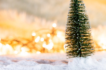 Christmas tree on white snow, light bokeh backgrounds ,Merry Christmas and happy New Year 