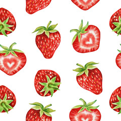 Illustration of watercolor hand drawn pattern with red fresh strawberries. Summer fruit background. Organic food. Best for textile or wrapping paper. Exotic, tropical.