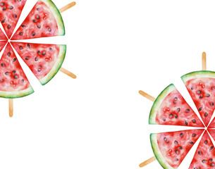 Illustration of watercolor hand drawn watermelon frame isolated on white background. Exotic fruits, Organic food, summer labels set, season food icons. Green and red watercolor stains. Tropical.