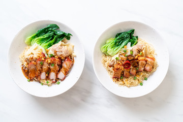 egg noodle wonton with crispy pork belly and egg noodle wonton with red roasted pork