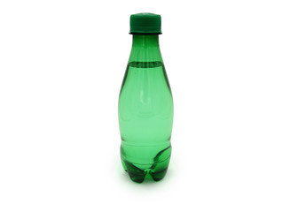 Full green plastic bottles isolated on white background