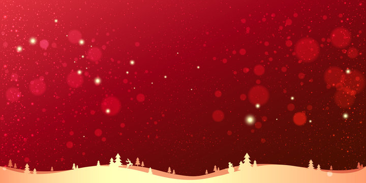Red winter Christmas background with gold landscape, snowflakes, light, stars. Xmas and New Year card. Vector Illustration